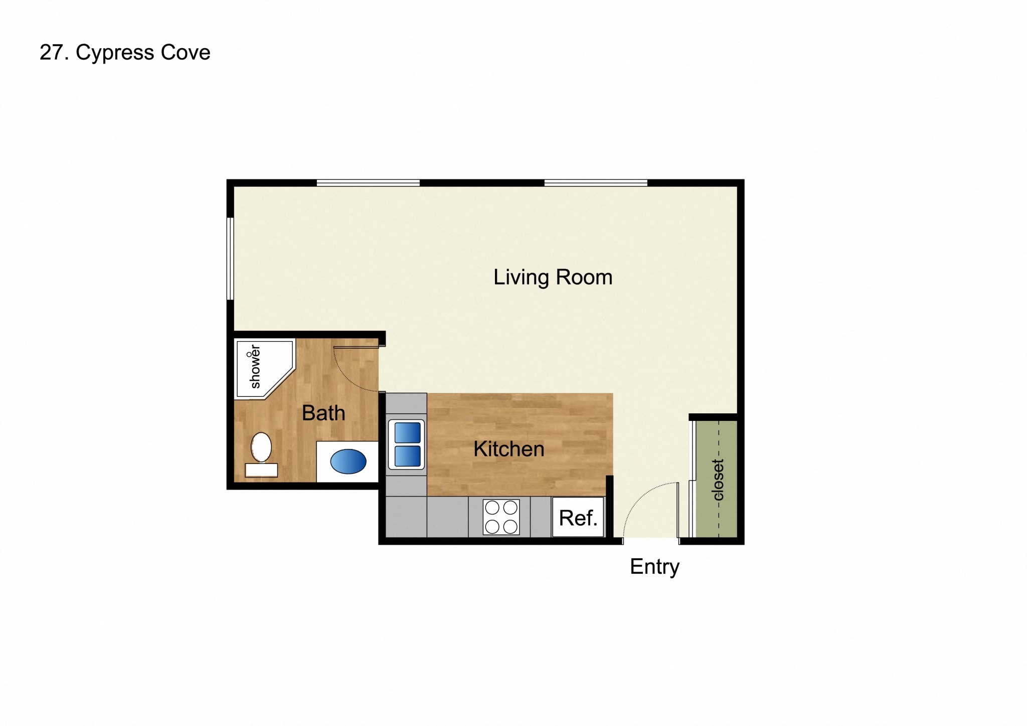Floor plan for studio, 1 bath, 525 sqft